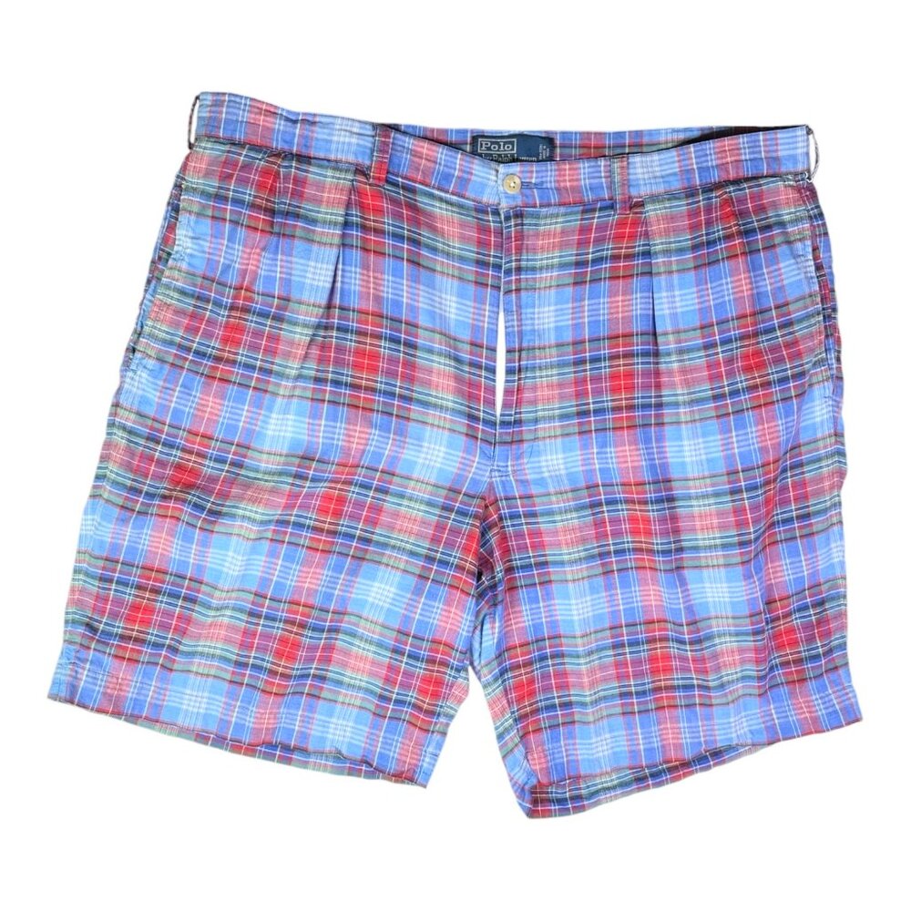 POLO Ralph Lauren Size 40 Thin Cotton Tyler Short Blue Red Plaid Pleat Front